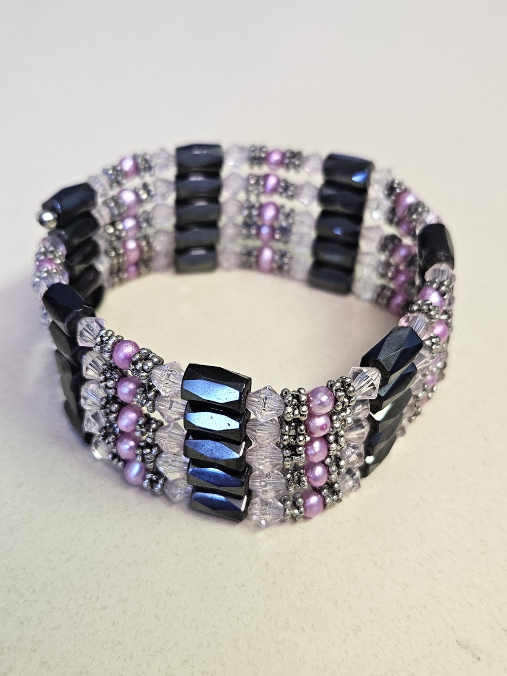 Handcrafted Pink Bead & Black Magnet Bracelet